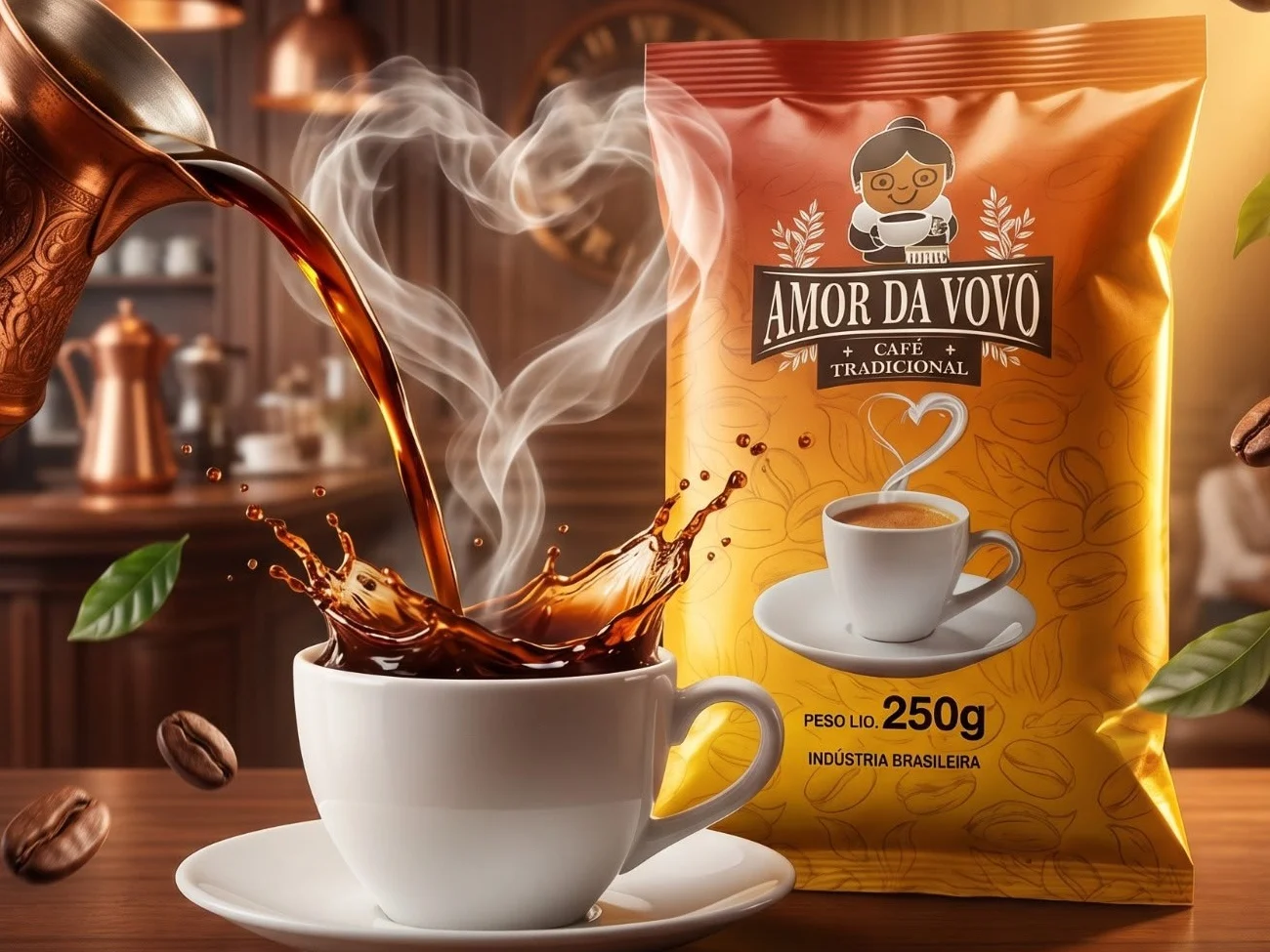 Café sendo servido numa xícara ao lado do pacote do Amor da Vovó